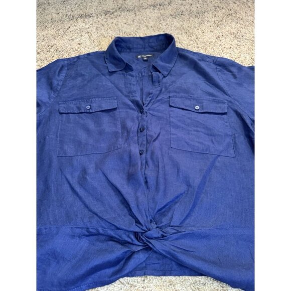 INC 100% Linen Blouse Top Navy Roll Tab Sleeves Front Knot Casual Minimalist 4X - Picture 5 of 8